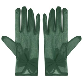 zeasciosd Women's Short Sheer Gloves Bow Mesh Tulle Gloves Wrist Length Wedding Evening Opera Tea Party Gloves Dark Green