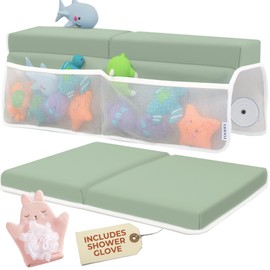 Comfortable Baby Bath Kneeler and Elbow Rest Pad Set with Pink Cloth Glove - Thick, Non-Slip, Memory Foam Kneeling Pad for Bathing Baby with Toy Storage Pockets - Easy Clean and Durable - Green
