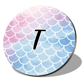 1 x Round Coaster - Letter T Mermaid Scales Fish Sea Lettering Name Initial Cork Backed MDF Glossy Tea Coffee Accessory #277620