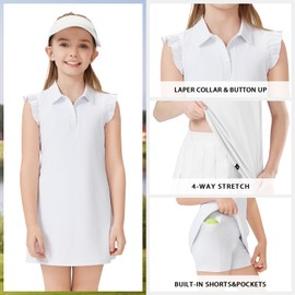 Soneven Girls' Golf Dresses Sleeveless Tennis Dress with Shorts Ruffle Sleeve Athletic Dress with Pockets Golf Outfits Solid White