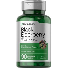 Horbaach Black Elderberry with Vitamin C and Zinc | 90 Chewable Tablets | Mixed Berry Flavor | Immune Support Complex | Vegetarian, Non-GMO, and Gluten Free Supplement