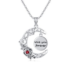 Love You Forever Necklace 925 Sterling Silver Crescent Moon Necklace Moon Roses Flowers Necklaces Pair Jewellery Gift for Women Girls, Sterling Silver, Cubic Zirconia