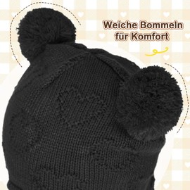 Durio Baby Winter Knitted Hat - Unisex Baby Hat Girls Kids Caps Boys with Bobble and Ear Protection Design Fleece Lining Beanie Hat, black