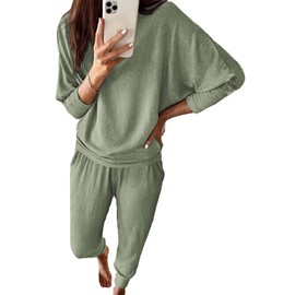 PRETTYGARDEN Women's Fall 2 Piece Lounge Set Long Sleeve Tops Ribbed Pants Spring Matching Sweatsuit Travel Outfits Clothes (Bean Green,XX-Large)