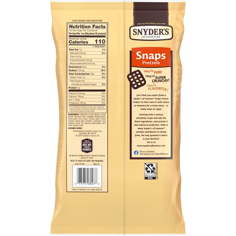Snyder's of Hanover Snaps Pretzels, 16 Oz Bag