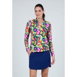 IBKUL Athleisure Wear Sun Protective UPF 50+ Icefil Cooling Yolanda Print Long Sleeve Mock Neck Top – 10873 Hot Pink Multi Yolanda M