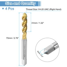 sourcing map 4pcs Spiral Flute Thread Taps, 1/4-20 UNC H2 Screw Threading Tap, Titanium Coated 6542 High Speed Steel Machine Tapping Tools for Machinist Repair