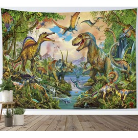 LB Dinosaur Tapestry, Green Jungle Wall Hanging, Animals Wall Cloth, Tropical Plants Tapestry for Children, Bedroom, Living Room, Dorm Wall Decoration, Birthday Party Background, 200 x 150 cm