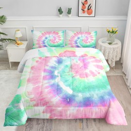 Smell Sunshine Tie Dye Comforter Set Pink Green Spiral Printed Pattern Bedding Set with 1 Comforter and 2 Pillowcases for Girls Boys Bedroom All Season(Pink Spiral Twin)