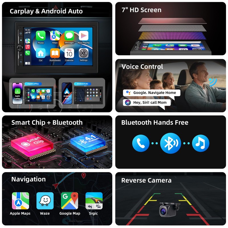 Haudio 7" Double Din Car Stereo with Wireless Apple CarPlay/Android