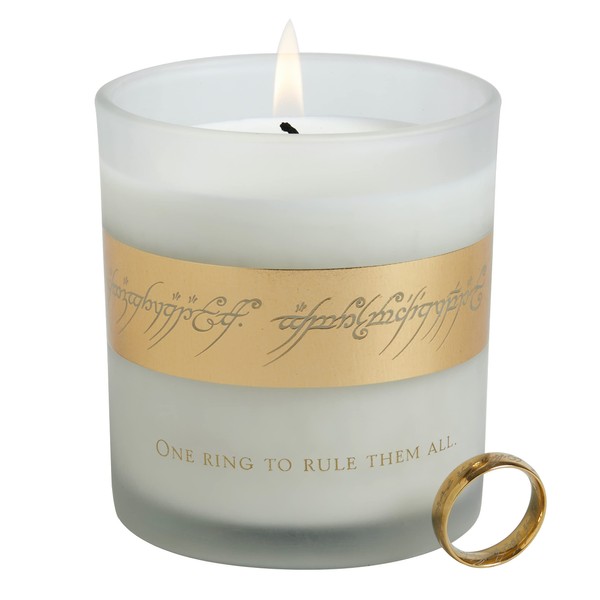 The Lord of the Rings Glass Candle, 8oz - Ring of Power Replica Reveals When Wax is Burned, Unscented - Gift for LOTR Fans