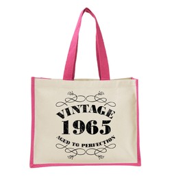60th Birthday Tote Bag Gifts for Women - Cotton Jute Shoulder Bag, Reusable Bags for Shopping, Gift bags, Book Bag, Travel Bag, Shopper Bags - Vintage 1965 - FUCHSIA-L