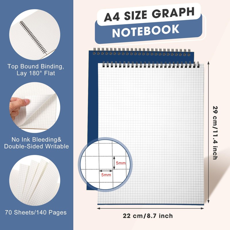 Engrowtic Top Spiral Graph Paper Notebooks 8.7 X11.4 Inch A4