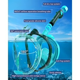 OUSPT Full Face Snorkel Mask, Snorkeling Mask with Detachable Camera Mount,Panoramic 180° View Upgraded Dive Mask with Safety Breathing System,Dry Top Set Anti-Fog Anti-Leak for Adults and Kids