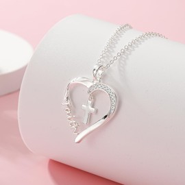 Lydow Faith Gifts for Girls Cross Necklace Christian Religious Catholic Jewelry Teen Teenage Toddler Kids 8-12 12-15 Heart Women Silver