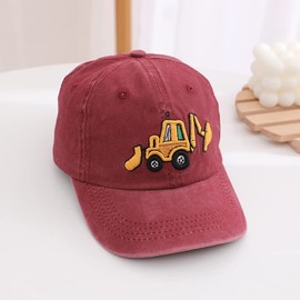 KABAKE Cute Embroidery Excavator Kids Baseball Cap Adjustable Cotton Washed Vintage Cowboy Hat for Boys Girls Age 2-8 Red