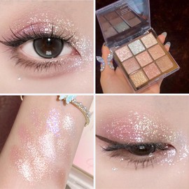 9-Color Glitter Eyeshadow Palette - Shimmer & High Pigment, Long-Lasting, Waterproof & Natural-Looking Sparkly Makeup, Warm Pastel Palette for Stunning Eye Makeup, Pink, White & Gold Shimmer Shades