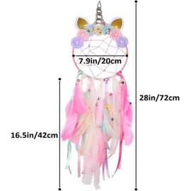 Unicorn Dream Catcher, Braided Wind Chimes, Wall Hanging Decoration, Room Decor with Colorful Feathers and Flowersr, for Girls Kids Nursery Bedroom （20 * 75 CM） (Pink)