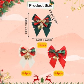 Lucleag 12Pcs Christmas Wreath Bow, Mini Christmas Bow for Wreath Christmas Tree Gift Box Decoration, White Red Green Bell Bow Christmas Small Bow for Christmas Party Supplies Xmas Decoration
