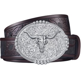 FIORETTO Western Cowboy Cowgirl Leather Belt Vintage Bull Pattern Floral Engraved Buckle Belt for Men Women for Jeans Coffee