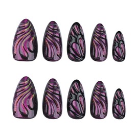 Almond Press on Nails Cat Eye Fake Nails with Purple 3D Water Drop Design Handmade False Nails Reusable Acrylic Nails Full Cover Glossy Stick on Nails for Women Daily Nail Art Decoration 24Pcs