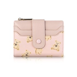 AfitLulu Cute Wallet for Women, Bear Print Zip Bifold Wallet with Front Card Slot, ID Window, Cash Slot, Short Women Wallet Elegant Youthful and Cute (Pink)