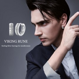 Viking Earrings 925 Sterling Silver Viking Earrings Men's Hoop Earrings Viking Rune Earrings Nordic Jewellery Christmas Gifts for Women Men Women Men, Sterling Silver, Cubic Zirconia