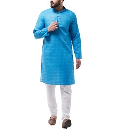 Sojanya (Since 1958, conjunto de pijama de algodón Kurta y Churidar para hombre, Azul pavo real y blanco, Small