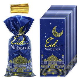 Ramadan Eid Mubarak Gift Bags with Twist Ties,100 Pcs Blue Gold Eid Party Cellophane Treat Bags Castle Moon Star Goodie Cookie Bags for Muslim Islam Eid Iftar Corban Festival Party Favor Bags