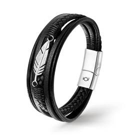 Uniqal Men's Leather Bracelet "Feather" Stainless Steel Genuine Leather Case Box, Leather