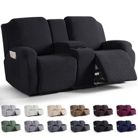 KinCam Loveseat Recliner Covers with Middle Console Slipcover, Recliner Sofa Covers 2 Seat Couch Cover Stripe Jacquard Furniture Protector Covers with Elastic Bottom for Kids, Pets (Black)