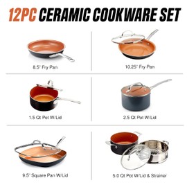 Gotham Steel 12 Pc Ceramic Cookware Set Nonstick, Ceramic Pots and Pans Set Non Stick with Steamer for Cooking, Non Toxic PFOA PFOS Free, Ergonomic Stay Cool Handles, Oven & Dishwasher Safe, Copper