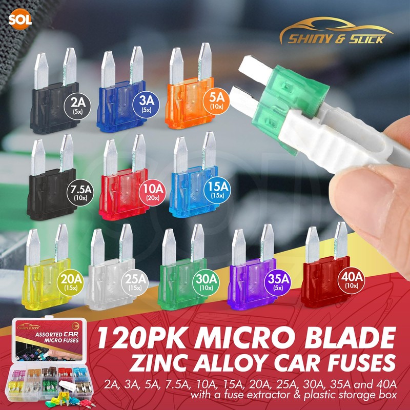 SOL 120pk Assorted Car Micro Fuses, Zinc Alloy Blades with