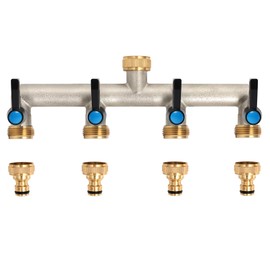 OPERMAXER OPERMAXER 4-Wege Wasserhahn Wasserverteiler, Verlängerter Griff, 3/4 Zoll Messing Wasseranschluss Verteiler mit individuellem Absperrhähnen，4er Verteiler 3/4" Adapter 1/2" für Geräte/Gartenschläuche