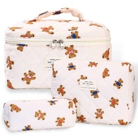 Dvehdbay 3Pcs Quilted Makeup Bag - Cotton Large Floral Makeup Bag, Travel Cosmetic Bag Cute Flower Aesthetic Floral Toiletry Organizer Bag Set for Women (09Off White-Bear)