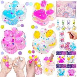 Taba Squishy DIY Toy Set ,4PCS Cat Paw Squeeze Toys and 4PCS Cat Keychain and DIY flashlights ,Cute Squishies,Sticky Fur Ball,Jelly Paw Squishy Funny Fidget Toys Novelty Things Suitable for Adults