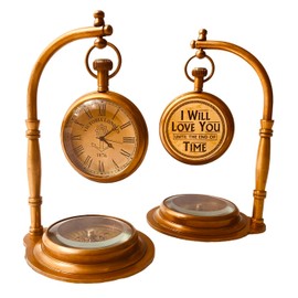 ALADEAN Brass Table Clock with Compass | Romantic Desk Clock - Decorative Vintage Clock Lovers Boyfriend/Husband Birthday/Wedding Gifts (Love You)