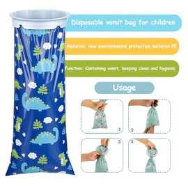Biluer Pack of 10 Burp Bags, Chewing Bags, Car Poop Bags with Ring for Children and Adults, Burp Bags for Nausea and Vomiting in the Car and on the Go 1500 ml Disposable Bags (Small Dinosaur)