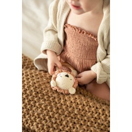 Wooden Baby Rattle - Lion Handcrafted Newborn Toys 0-6 Months - Organic Crochet Stuffed Animal Sensory Toy for Girls & Boys - Cute Baby Shower Gift (Lion)