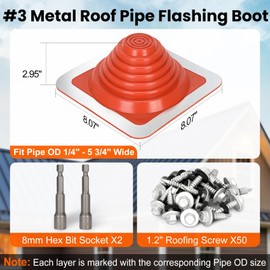 #3 Metal Roof Pipe Flashing Boot, Flexible Silicone High Temp Roof Boot Kit Fits Pipe OD 1/4" to 5 3/4" Wide, Includes Square Base Roof Jack Pipe Boot, Hex Socket x2, Roofing Screw 50 PCS, Red, 1 Pack