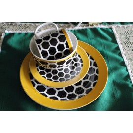 White Bee Honeycomb Black Yellow White Dinner Set of 4