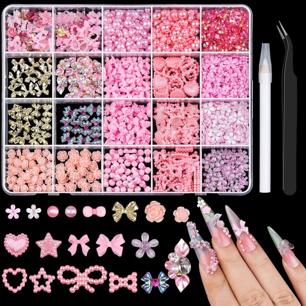 3D Assorted Pink Nail Art Charms, Flatback Pearls and AB