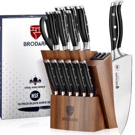 BRODARK Kitchen Knife Set with Block, Full Tang 15 Pcs Professional Chef Knife Set with Knife Sharpener, Food Grade German Stainless Steel Knife Block Set, Steel-king Series for Fathers Day
