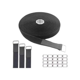 0.78" x16Ft Hook and Loop Straps with 25 Metal Buckles, Adjustable Fastening Cable Straps, Cut-to-Length Cinch Strap, Reusable Nylon Securing Cord Ties for Organizer or Storage, 1 inch Wide, Black