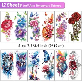 72 Sheets Temporary Tattoos - 12 Sheets Half Arm Fake Tattoos, 60Sheets Tiny Small Fake Tattoos Stickers Realistic, Including Butterflies, Flowers, and Animals Temporary Tattoos for Adults and Women