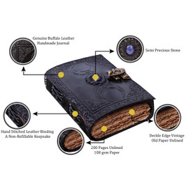 Vintage Leather Journal with Semi Precious Stone Black Triple Moon Design 200 pages Antique Deckle Edge Paper - Book of Shadows, Grimoire Journal, for Men and Women - 8" x 6"