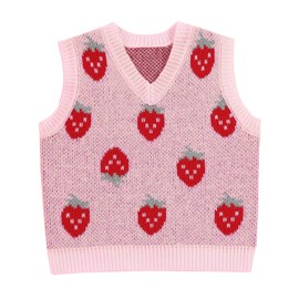 Mebius Girl's Cute Preppy Sweater Vest Sleeveless V Neck Knit Casual School Strawberry Cropped Top Pink Strawberry 6 Years