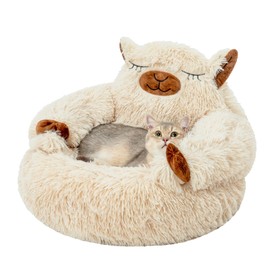Jiupety Calming Dog and Cat Bed Cute, Cozy Donut Dog Beds, Cute Small Dog Bed, Anti Anxiety Round Dog Bed S(20"x20"x13") Size for Pets Up to 12 lb, Camel.