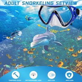 Snorkel mask Snorkeling Set for Adults and Youth, Diving mask and Full Dry Snorkel Swim Googles is Suitable for Snorkeling, Dive Scuba Diving, Swimming (Blue-Transparent)