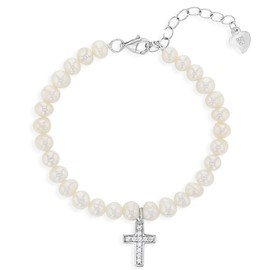 925 Sterling Silver Adjustable White Cultured Pearl & Cross Bracelet for Toddlers and Little Girls - Classic Cultured Pearl Bracelets for Young Girls - Kids Cross Bracelet